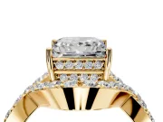 Halo Engagement Ring Setting for Princess Cut Center with Pave Infinity Twist Band and Prong Head in Yellow Gold