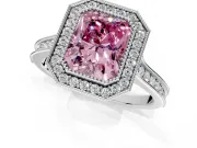 Halo Engagement Ring Setting for Fancy Pink Radiant Cut Center with Milgrain Pave Band and Bezel Head in Platinum