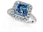 Halo Engagement Ring Setting for Fancy Blue Princess Cut Center with Narrowing Pave Band and Prong Head in Sterling Silver