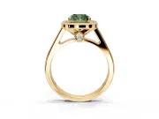 Halo Engagement Ring Setting for Fancy Green Cushion Cut Center with Outer Bezel Rim, Pave Band and Prong Head in Yellow Gold