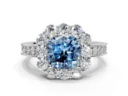 Halo Engagement Ring Setting for Fancy Blue Cushion Cut Center with Milgrain Channel Band and Prong Head in White Gold