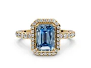 Halo Engagement Ring Setting for Fancy Blue Emerald Cut Center with Inner Milgrain Border and Prong Head in Yellow Gold