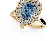 Single Halo Engagement Ring Setting for Fancy Blue Pear-Shaped Center with Corner Claws, Plain Band and Prong Head in Yellow Gold