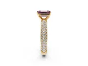 Solitaire Engagement Ring Setting for Fancy Pink Emerald Cut Center with Domed Multi-Row Pave Band and Prong Head in Yellow Gold
