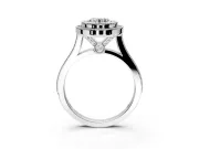 Halo Engagement Ring Setting for Round Cut Center with Milgrain Frame, Pave Band and Prong Head in Platinum
