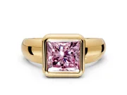 Solitaire Engagement Ring Setting for Fancy Pink Princess Cut Center with Wide Band and Bezel Head in Yellow Gold