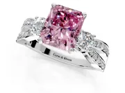 3 Stone Engagement Ring Setting for Fancy Pink Radiant Cut Center with Pave Twist Band and Prong Head in White Gold