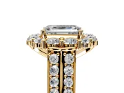 Large Accent Halo Engagement Ring Setting for Emerald Cut Center with Pave Split Shank and Prong Head in Yellow Gold