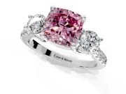 3 Stone Engagement Ring Setting for Fancy Pink Cushion Cut Center with Crossover Basket, Pave Band and Prong Head in Sterling Silver