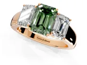 3 Stone Engagement Ring Setting for Fancy Green Emerald Cut Center with Raised Basket Heads and Prong Head in Rose Gold