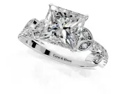 Leaf Motif Engagement Ring Setting for Princess Cut Center with Pave Band and Prong Head in Platinum