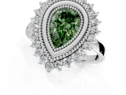 Halo Engagement Ring Setting for Fancy Green Pear-Shaped Center with Milgrain Bezel Rim, Plain Band and Prong Head in Sterling Silver