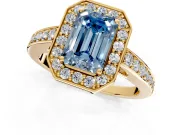 Bezel-Framed Halo Engagement Ring Setting for Fancy Blue Emerald Cut Center with Pave Band and Prong Head in Yellow Gold