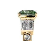Channel-Set Engagement Ring Setting for Fancy Green Radiant Cut Center with Baguette Band and Prong Head in Yellow Gold