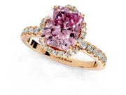 Halo Engagement Ring Setting for Fancy Pink Radiant Cut Center with Openwork Halo, Pave Band and Prong Head in Rose Gold