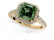 Halo Engagement Ring Setting for Fancy Green Asscher Cut Center with Narrowing Pave Band and Prong Head in Yellow Gold