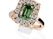 Single Halo Engagement Ring Setting for Fancy Green Emerald Cut Center with Corner Claws, Plain Band and Prong Head in Rose Gold