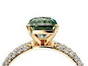 Solitaire Engagement Ring Setting for Fancy Green Radiant Cut Center with Domed Multi-Row Pave Band and Prong Head in Yellow Gold