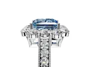 Halo Engagement Ring Setting for Fancy Blue Princess Cut Center with Milgrain Channel Band and Prong Head in Platinum