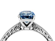 Solitaire Engagement Ring Setting for Fancy Blue Emerald Cut Center with Engraved Milgrain Band and Prong Head in White Gold