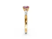 3 Stone Engagement Ring Setting for Fancy Pink Cushion Cut Center with Tapered Baguettes, Plain Band and Prong Head in Yellow Gold