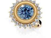 Halo Engagement Ring Setting for Fancy Blue Round Cut Center with Milgrain Bezel Rim, Plain Band and Prong Head in Yellow Gold