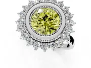 Halo Engagement Ring Setting for Fancy Yellow Round Cut Center with Milgrain Bezel Rim, Plain Band and Prong Head in White Gold