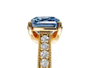 Solitaire Engagement Ring Setting for Fancy Blue Asscher Cut Center with Milgrain-Framed Pave Band and Prong Head in Yellow Gold