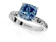 Solitaire Engagement Ring Setting for Fancy Blue Cushion Cut Center with XO Engraved Band and Prong Head in Sterling Silver