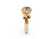 Halo Engagement Ring Setting for Fancy Pink Round Cut Center with Floral Band and Prong Head in Yellow Gold