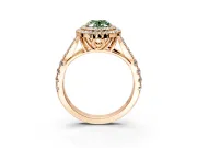 Double Halo Engagement Ring Setting for Fancy Green Oval Center with Narrow Pave Split Shank and Prong Head in Rose Gold