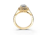 Double Halo Engagement Ring Setting for Radiant Cut Center with Narrow Pave Split Shank and Prong Head in Yellow Gold