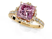 Halo Engagement Ring Setting for Fancy Pink Princess Cut Center with Openwork Halo, Pave Band and Prong Head in Yellow Gold