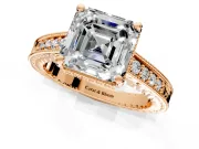 Engraved Engagement Ring Setting for Asscher Cut Center with Milgrain Pave Band and Prong Head in Rose Gold