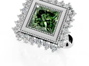 Halo Engagement Ring Setting for Fancy Green Princess Cut Center with Milgrain Bezel Rim, Plain Band and Prong Head in White Gold