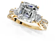 3 Stone Engagement Ring Setting for Asscher Cut Center with Pave Split Shank and Prong Head in Yellow Gold