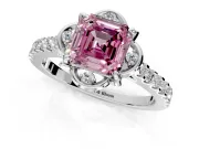 Floral Engagement Ring Setting for Fancy Pink Asscher Cut Center with Pave Band and Floral Prong Head in White Gold