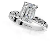 Solitaire Engagement Ring Setting for Emerald Cut Center with Milgrain X Pattern Band and Prong Head in Platinum