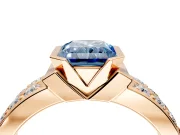 Bezel Engagement Ring Setting for Fancy Blue Radiant Cut Center with Wide Channel-Set Band and Bezel Head in Rose Gold