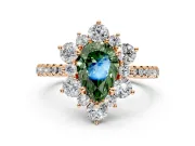 Floral Halo Engagement Ring Setting for Fancy Green Pear-Shaped Center with Pave Accents and Prong Head in Rose Gold