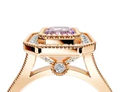 Halo Engagement Ring Setting for Fancy Pink Emerald Cut Center with Milgrain Frame, Pave Band and Prong Head in Rose Gold
