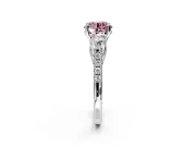 3 Stone Engagement Ring Setting for Fancy Pink Round Cut Center with Crossover Basket, Pave Band and Prong Head in Platinum