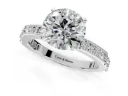 Solitaire Engagement Ring Setting for Round Cut Center with Milgrain-Edged Pave Band and Prong Head in White Gold
