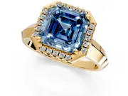 Halo Engagement Ring Setting for Fancy Blue Asscher Cut Center with Knife Ridge Cathedral Band and Prong Head in Yellow Gold