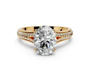 Solitaire Engagement Ring Setting for Oval Center with Pave Rail Split Shank and Prong Head in Yellow Gold