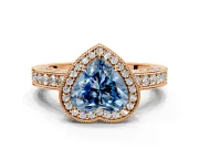 Milgrain Halo Engagement Ring Setting for Fancy Blue Heart-Shaped Center with Wide Pave Band and Prong Head in Rose Gold