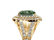 Double Halo Engagement Ring Setting for Fancy Green Radiant Cut Center with Narrow Pave Split Shank and Prong Head in Yellow Gold