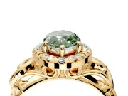 Halo Engagement Ring Setting for Fancy Green Marquise Center with Open Scroll Shoulders and Prong Head in Yellow Gold