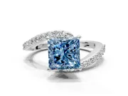 Solitaire Engagement Ring Setting for Fancy Blue Princess Cut Center with Pave Bypass Swirl Band and Prong Head in White Gold