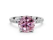 Solitaire Engagement Ring Setting for Fancy Pink Round Cut Center with Fine Pave Narrow Band and Prong Head in Platinum